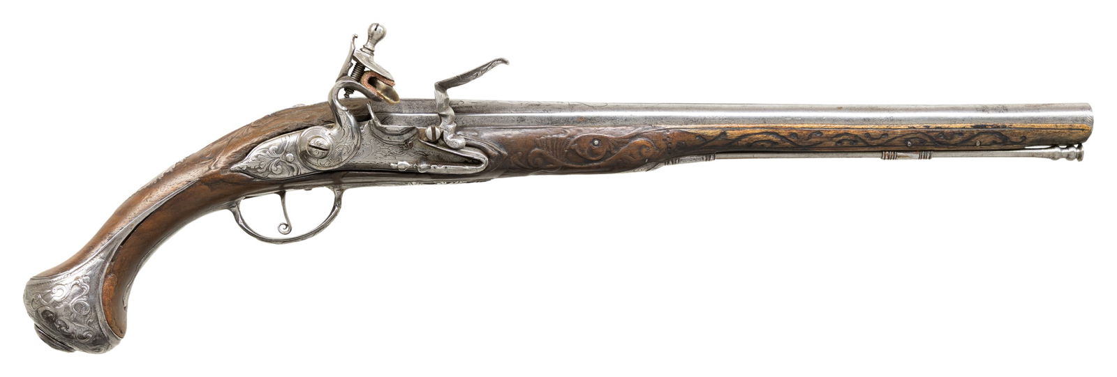 FRENCH CIRCA. 1750 FLINTLOCK RECONVERSION HORSE: PISTOL. Cal. 69 Smoothbore. NSN. Bbl. 14 1/8". Flintlock horse pistol produced in France by an unknown mfg., later converted to percussion, and subsequently reconverted back to a flintlock configurati