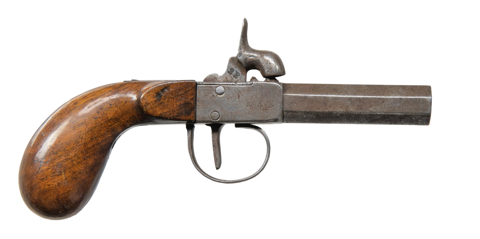UNKNOWN PERCUSSION MUFF PISTOL.: Cal. 45 Smoothbore. NSN. Bbl. 2 3/8". Percussion muff produced by an unknown mfg., likely of Belgian origin. Pistol is virtually unmarked, save for a "22" stamped on the right side of the hammer and