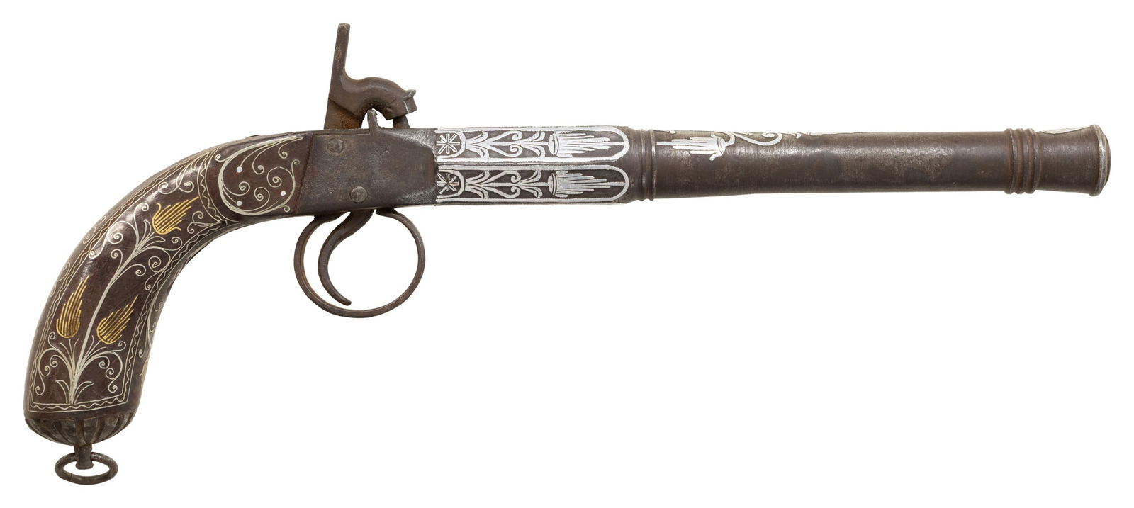 HIGHLY UNUSUAL EASTERN EUROPEAN / MEDITERRANEAN: BOXLOCK PERCUSSION PISTOL. Cal. 48 Smoothbore. NSN. Bbl. 8 1/2". Boxlock percussion pistol of unusual design, likely of Eastern European / Mediterranean origin. The bbl. features raised silver