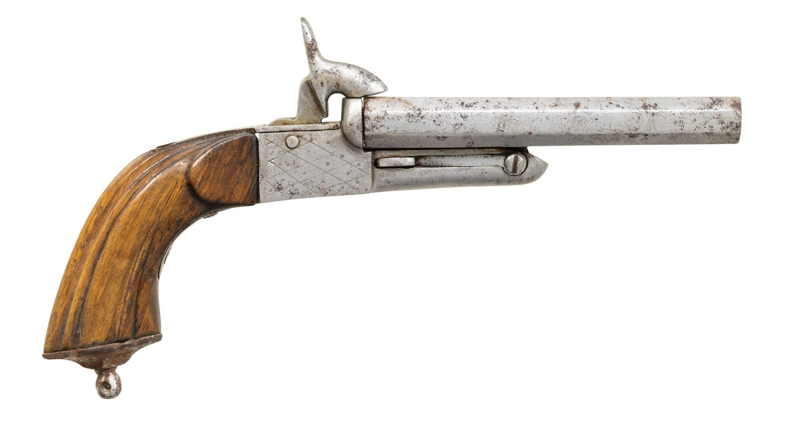 UNMARKED BELGIAN SXS PINFIRE PISTOL.: Cal. 11mm Pinfire. NSN. Bbl. 4 11/16". SxS pinfire pistol likely produced in Belgium by an unknown mfg. Left side of the frame features light diamond and dot engraving, with the underside featuring a