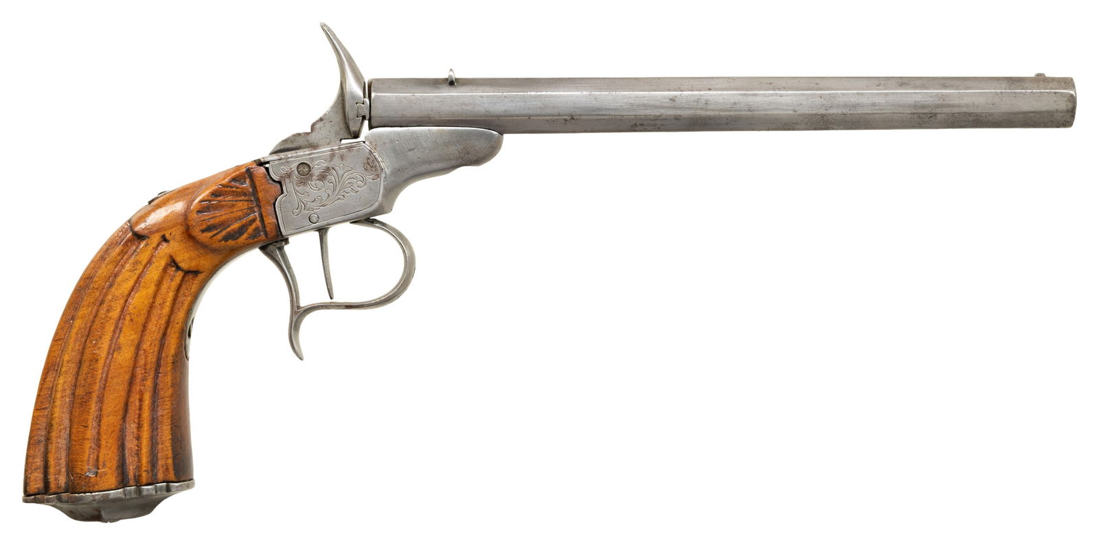 G. LAUTE RETAILER MARKED BELGIAN SINGLE SHOT: BREECHLOADING PARLOR PISTOL, BY COURARD. Cal. 22. NSN. Bbl. 7 15/16". Single shot breechloading parlor pistol mfg. in Belgium by Courard and retailed by G. Laute of Berlin. Top flat of the bbl. is