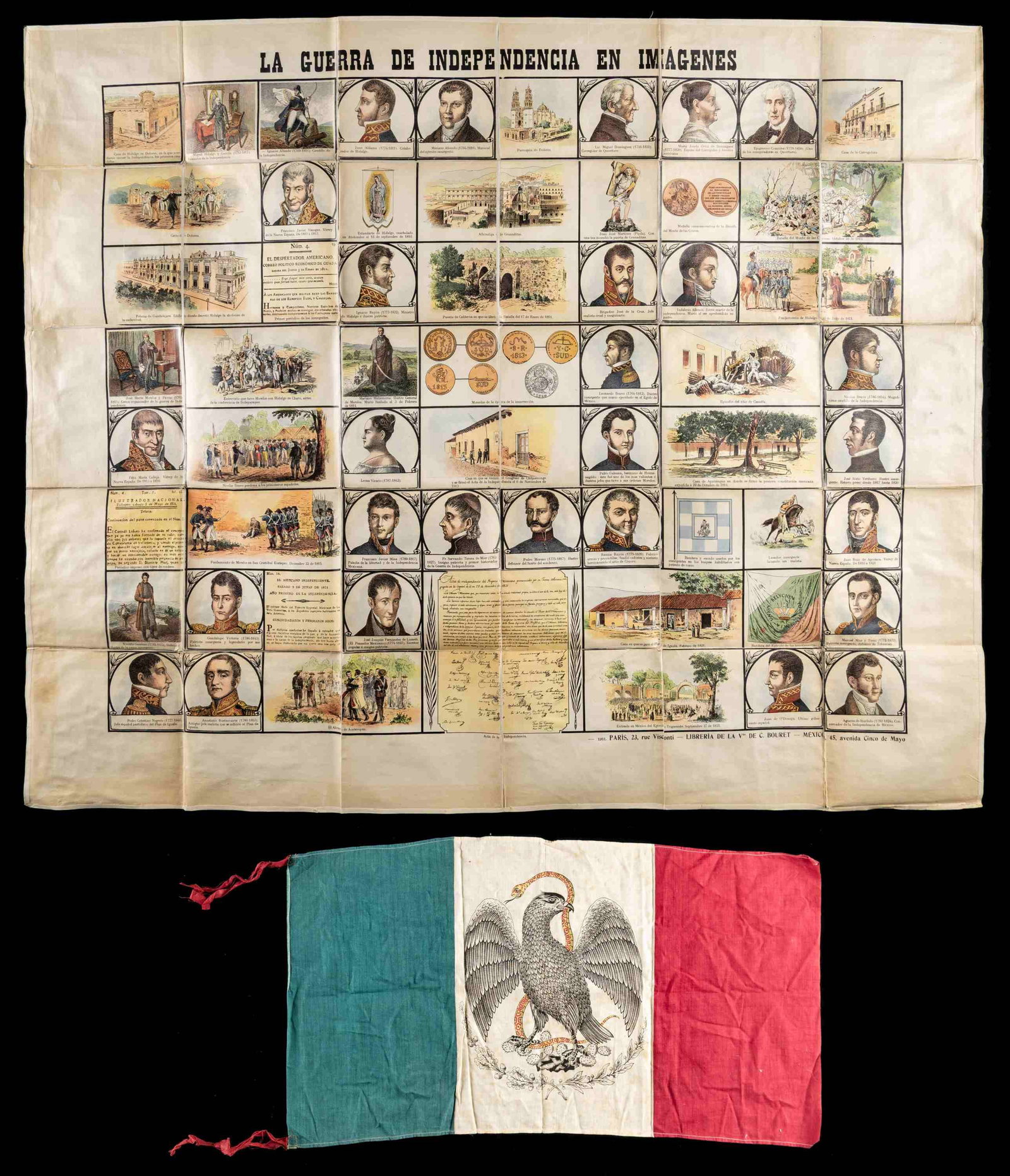 VINTAGE REPUBLIC OF MEXICO FLAG & 1861 PRINTED: MEXICAN INDEPENDENCE BROADSIDE. Flag measures 25" x 14", printed cotton, sewn edges & 2 ties hand sewn to each corner of leading edge. The 47" x 39" pictorial of Mexican Independence was printed in Pa