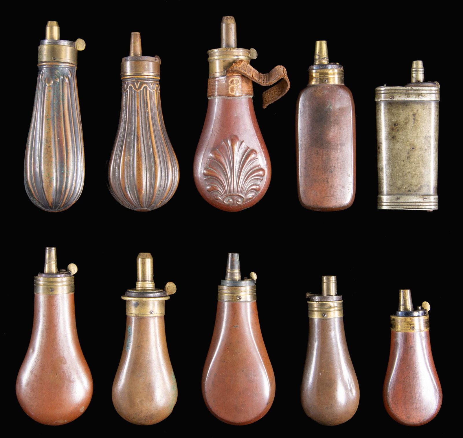TEN DIFFERENT PISTOL FLASKS. - 2