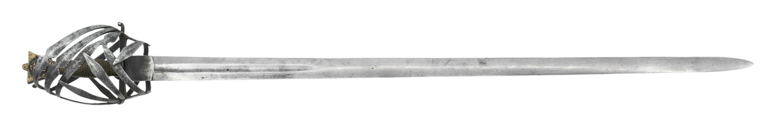 16TH TO 17TH CENTURY VENETIAN SCHIAVONA SWORD.: An example of a early 16th to 17th century Venetian schiavona measuring 41 1/2" overall with a plain 35" double edged blade featuring a central 9" fuller. Classic schiavona hilt with multiple branches
