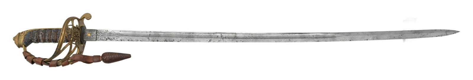 BRITISH M1822 VOLUNTEER RIFLES OFFICER SWORD.: A good British volunteer rifles of the M1822 form measuring 39 1/4" overall with an etched blade that shows foliate motifs, crowned VR, crowned horn, and "RIFLE VOLUNTEERS". The blade's ricasso is mar