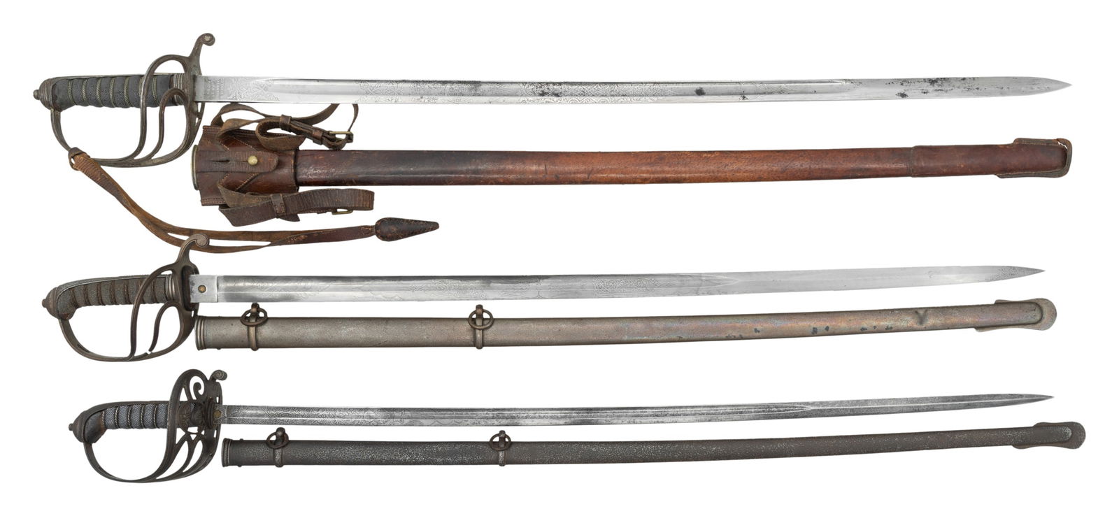 3 19TH CENTURY BRITISH OFFICER'S SWORDS.: 1) British M1855 Royal Artillery sword measuring 38 3/4" overall with an etched blade that shows foliate motifs, flaming bomb, "9th" (with monogram), and a field cannon. The blade's ricasso is marked