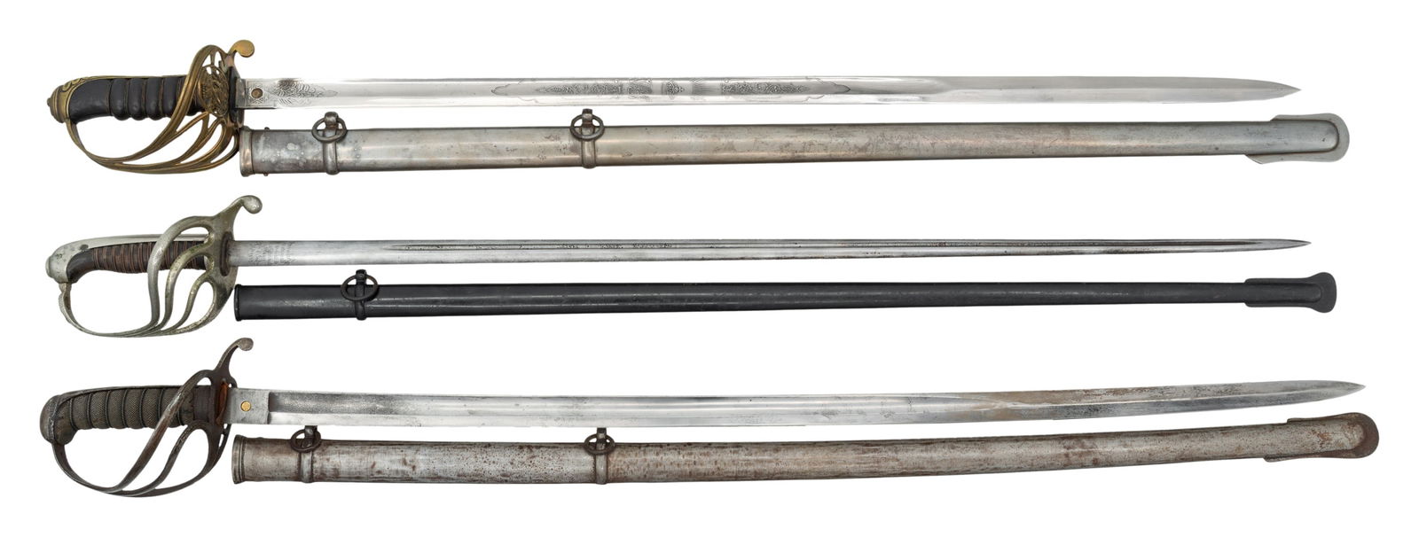 3 FOREIGN OFFICER'S SWORDS: 1) French M1882 Infantry officer's sword measuring 40" overall with a plain single fullered blade marked near the hilt " Manufacture nationale d'armes de Chatellerault gbre 1913 Offer d' Infrie Ml 188