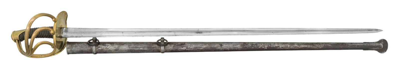 FRENCH M1816 HEAVY CAVALRY SABER.: French model 1816 heavy cavalry saber measuring 46 3/4" overall with a plain double fullered blade showing proof marks on the ricasso. The marks on the spine of the blade are difficult to discern but