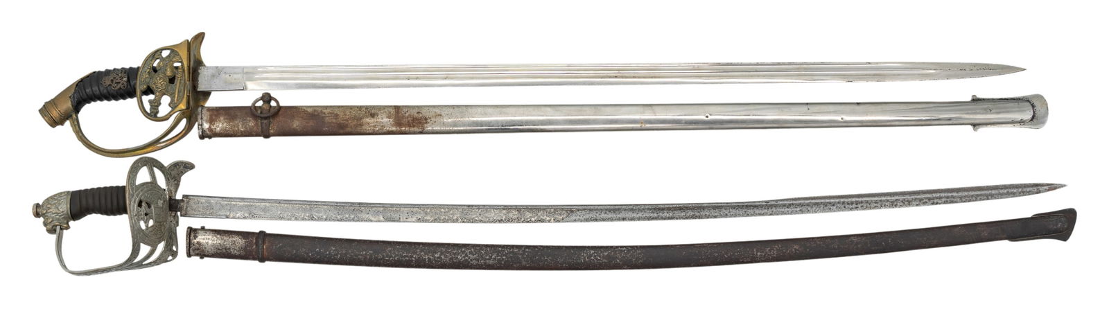 2 EUROPEAN OR RUSSIAN SWORDS: 1) A Russian or Eastern European sword measuring 39" overall with an etched pipe back blade having cyrillic markings near the hilt. Etched decoration is primarily foliate motifs. The semi-basket non-f