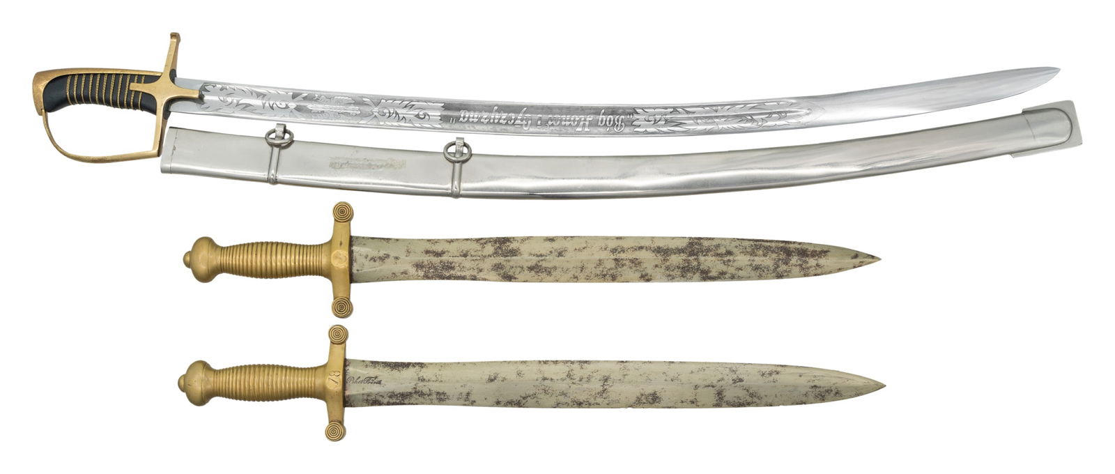 2 EUROPEAN SHORT SWORDS & POLISH STYLE CAVALRY: SABER. 1) French M1831 short sword measuring 25" overall with a plain blade marked "Pihet Freres" and "Chatallerault 1833". Solid brass hilt and grip stamped "1189" and "78". No scabbard. CONDITION: l