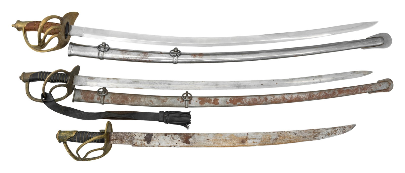 3 REPLICA OR TOURIST SWORDS.: 1) NAVAL CUTLASS. Overall: 33". Blade 27". Brass hilt & wire wrapped leather grip similar to cavalry saber having addition brass thumb rest on grip. CONDITION: blade shows oxidation, patina & light pi