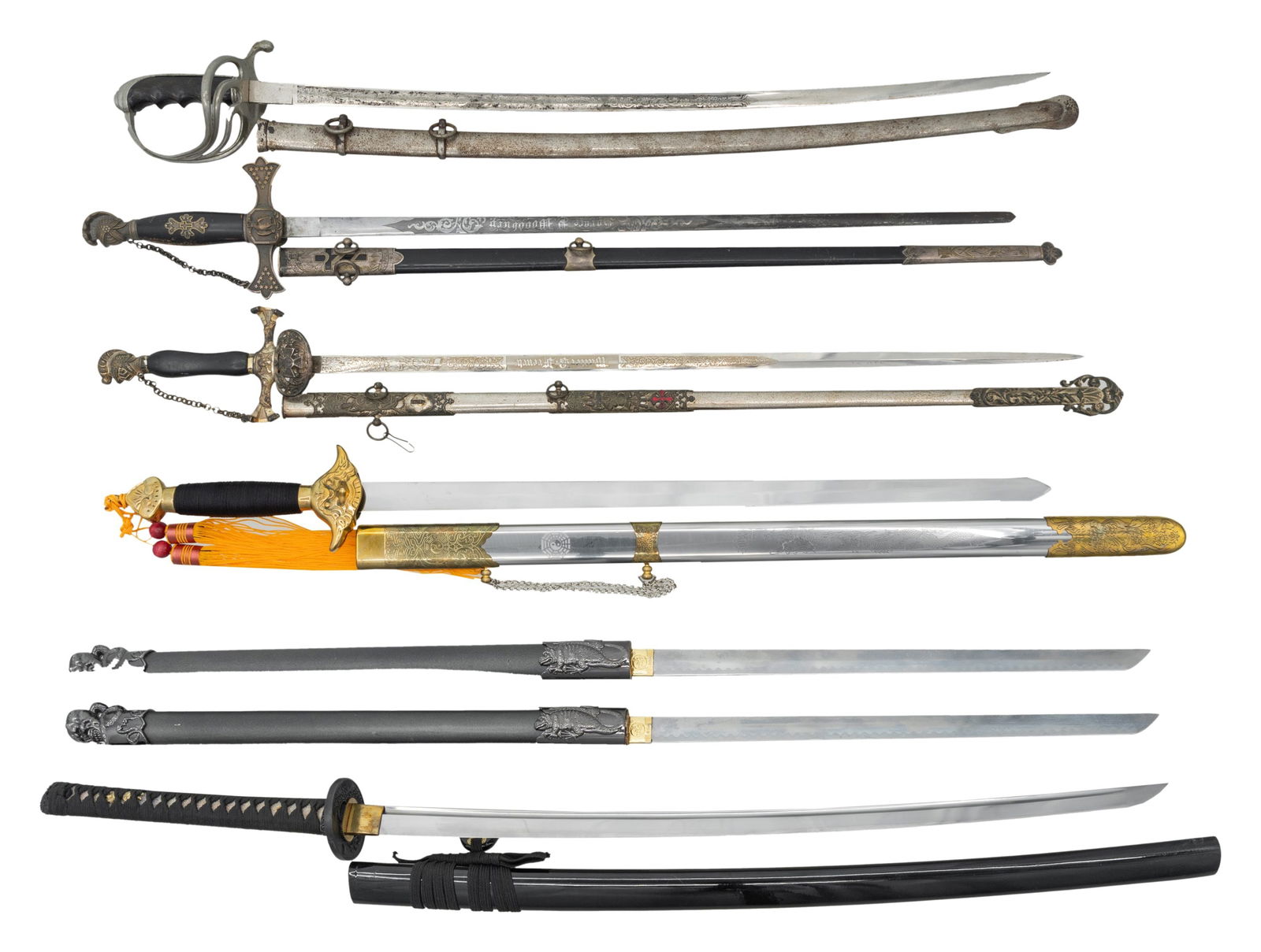 3 FANTASY, 2 FRATERNAL, & US M1902 SWORDS.: 1) MUSASHI KATANA. Overall: 41" w/ scabbard. Very good overall with broken cord attachment piece for scabbard.2) CHINA DOUBLE KATANAS. 42" overall when closed, the handle for 1 katana acts as the scab