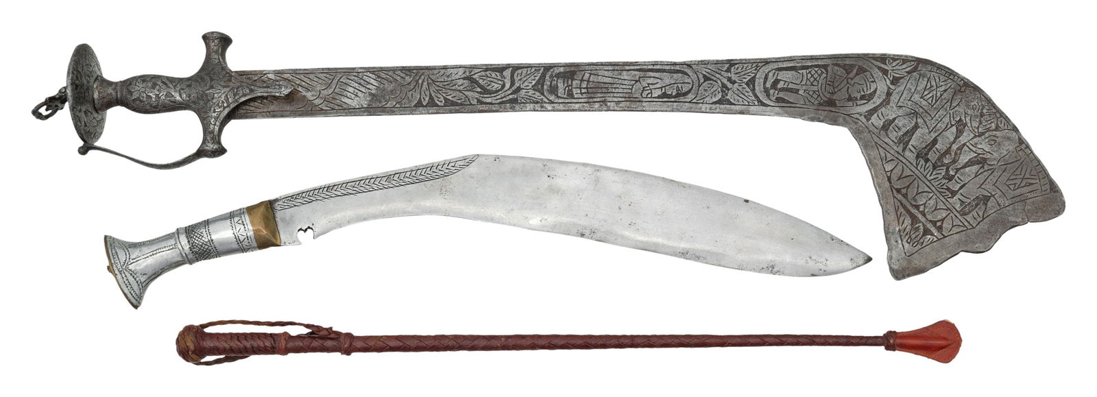 TOURIST STYLE KUKRI, RIDING GROP & KORA SWORD.: 1) 22" Kukri with 17" blade. Brass handle has silver colored plating. CONDITION: Knife shows patina & marks. 2) 22.5" leather riding crop. CONDITION: Appears good, intact overall.3) 30" Kora sword