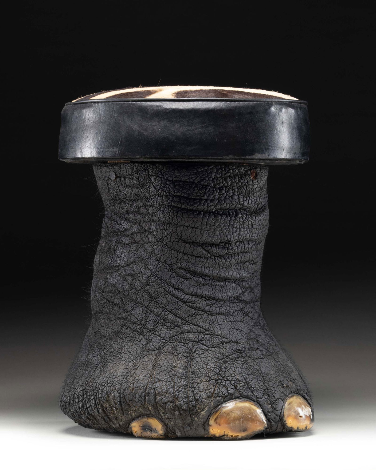 REAL ELEPHANT FOOT MADE INTO A STOOL.: This elephant foot has been made into a sitting stool or foot stool by local craftsmen in India. This example measures approximately 18" in height and approximately 13" in width at the seat. The seat