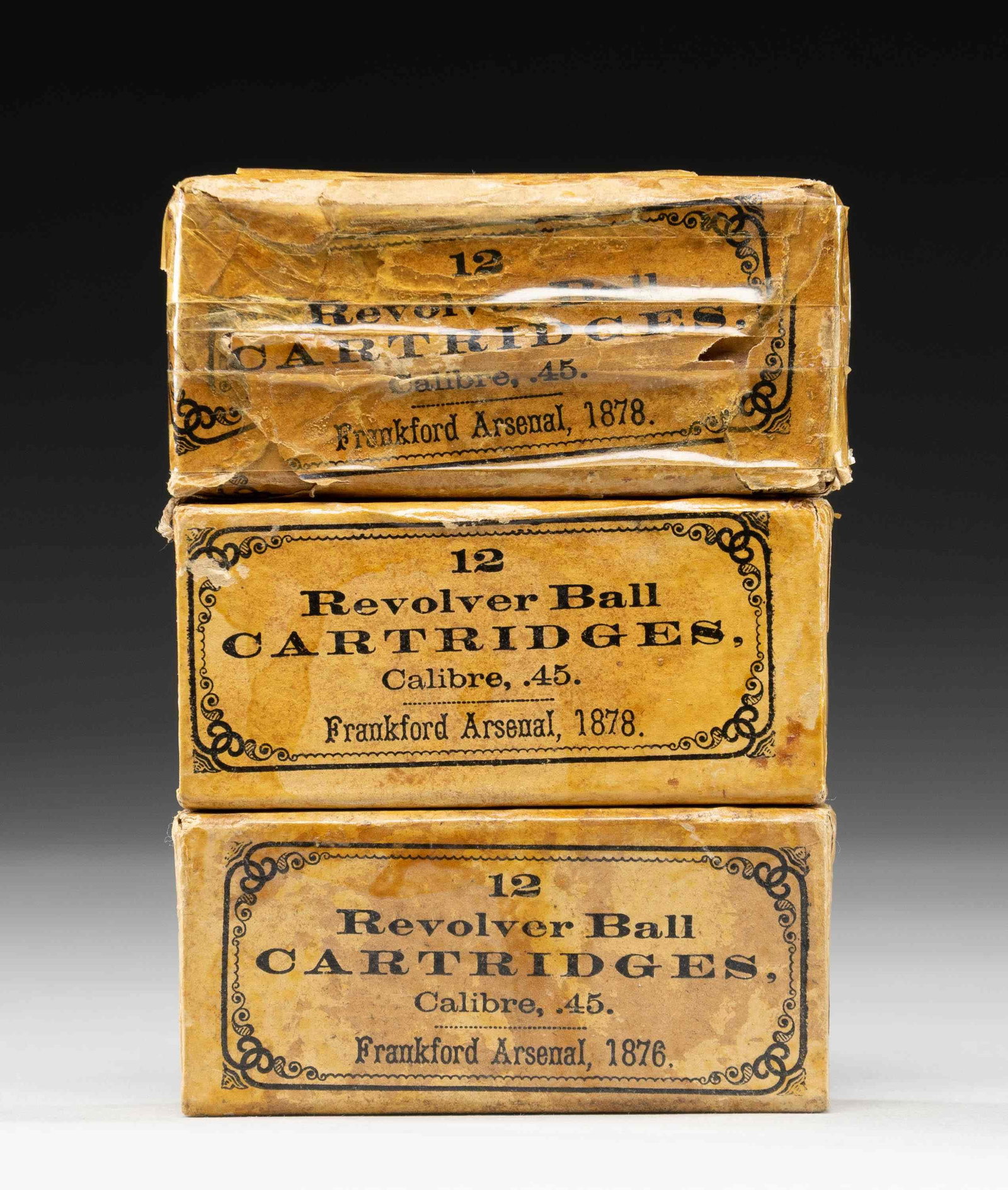 3 BOXES OF FRANKFORD ARSENAL 45 REVOLVER BALL: AMMO. Packed in boxes of 12 rounds each. Ammo is such that it can be used in the 1875 Schofield or 1873 Colt revolvers making it easier for military supplying; slightly shorter than the popular 45 Lon