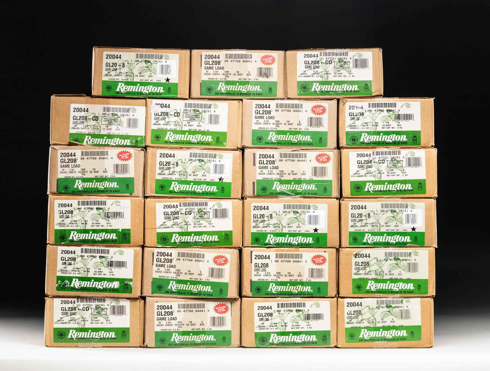 23 CASES (5,750 RDS.) OF REMINGTON 20 GA. GAME: LOAD AMMO. 23 sealed cases (5,750 rounds) of Remington 20 gauge Game Loads having stock numbers of "20044" and "GL208". Case length of 2 3/4", 2 1/2 Dram equivalence plus 7/8 oz. of #8 shot. PROVENANC