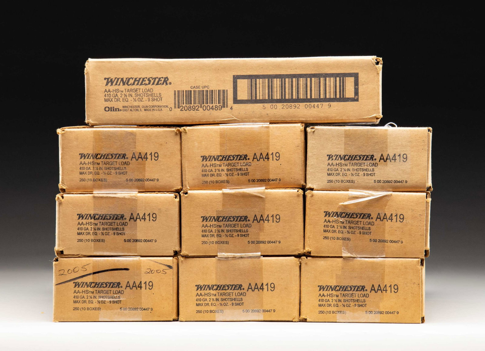 10 CASES (2,500 RDS.) OF WINCHESTER AA 410 GA.: AMMO. 10 sealed cases (2,500 rounds) of Winchester 410 gauge AA-HS Target Loads having stock number "AA419". Case length of 2 1/2", Max Dram equivalence plus 1/2 oz. of #9 shot. PROVENANCE: Estate of