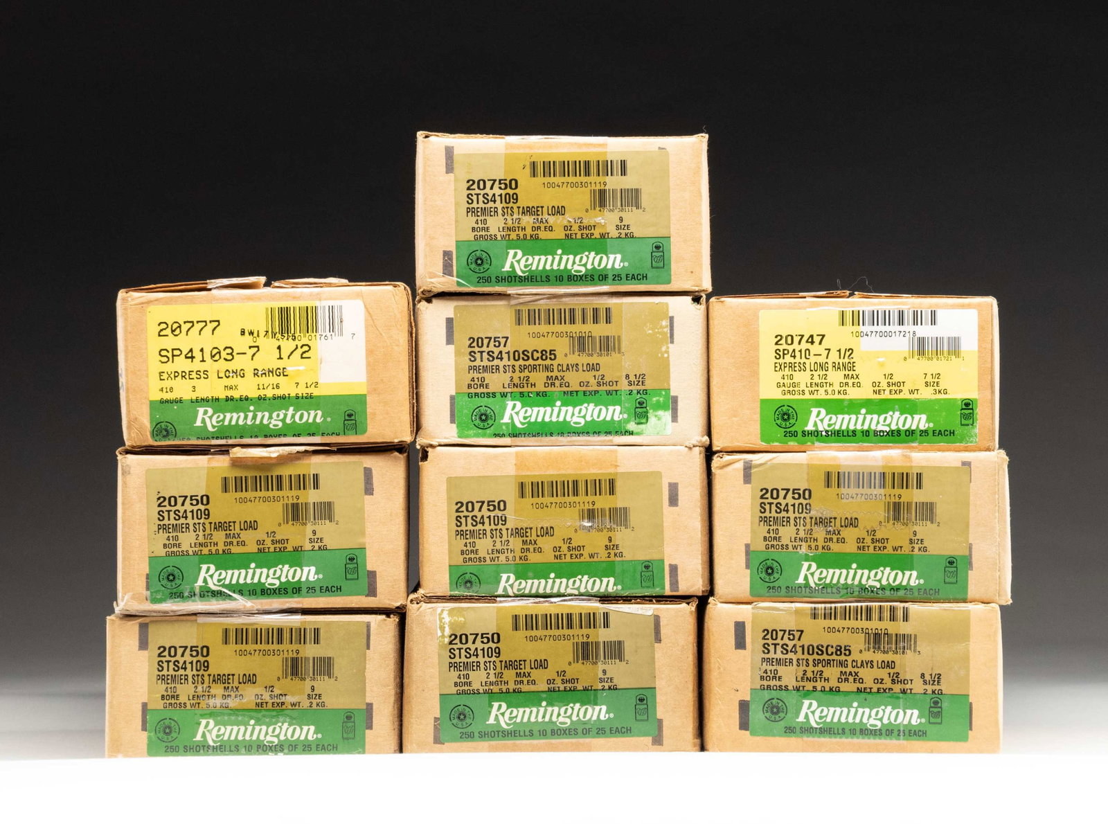 10 CASES (2,500 RDS.) OF REMINGTON 410 GA. AMMO.: 8 sealed cases (2,000 rounds) of Remington 410 gauge Premier STS Target Loads having stock numbers of "20750" and "STS4109". Case length of 2 1/2", Max Dram equivalence plus 1/2 oz. of #9 shot. / 1 ca