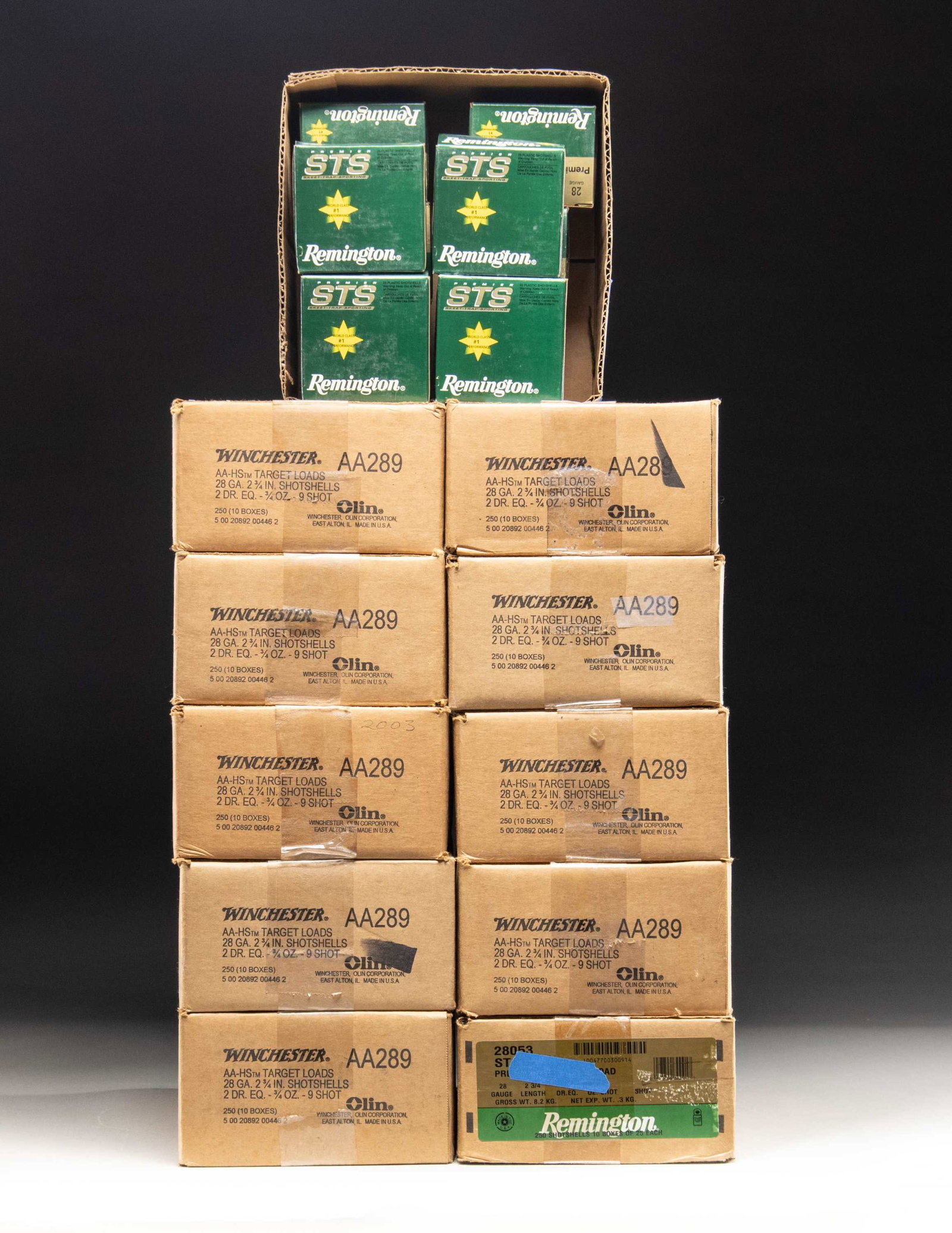 10 PLUS CASES (2,700 RDS.) OF 28 GA. TARGET AMMO;: WIN. & REM. 9 sealed cases of (2,250 rounds) of Winchester AA Target Loads having stock numbers of "AA289" and "AAHS". Case length of 2 1/2", 2 Dram equivalence plus 3/4 oz. of #9 shot. / 1 sealed cas