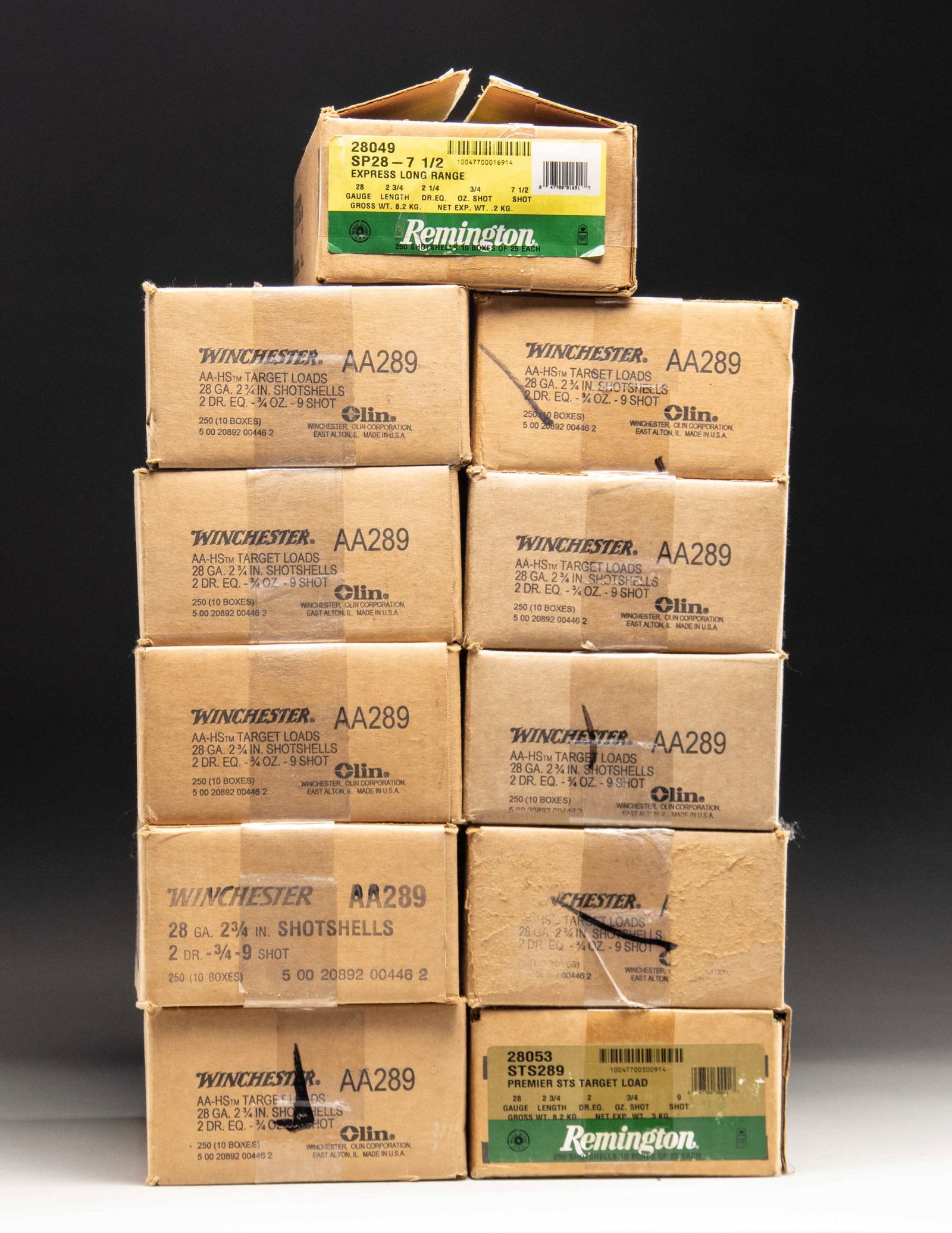 11 CASES (2,750 RDS.) OF 28 GA. AMMO; WIN. & REM.: 9 sealed cases of (2,250 rounds) of Winchester AA Target Loads having stock numbers of "AA289" and "AAHS". Case length of 2 1/2", 2 Dram equivalence plus 3/4 oz. of #9 shot. / 1 sealed case (250 round