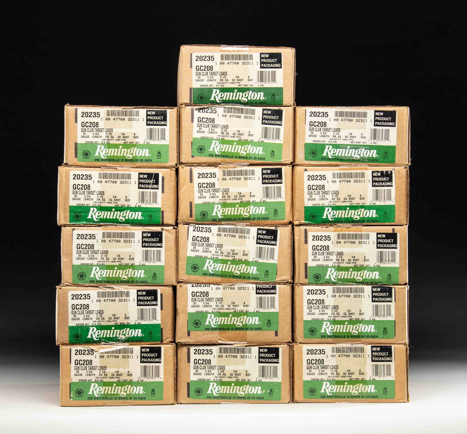 16 CASES OF REMINGTON 20 GAUGE TARGET LOADS.: 16 sealed cases (4,000 rounds) of Remington 20 gauge Gun Club Target Loads. "GC208" and "20235" stock numbers. Case lengths of 2 3/4", 2 1/2 Dram equivalence plus 7/8 oz. of #8 shot. PROVENANCE: Estat