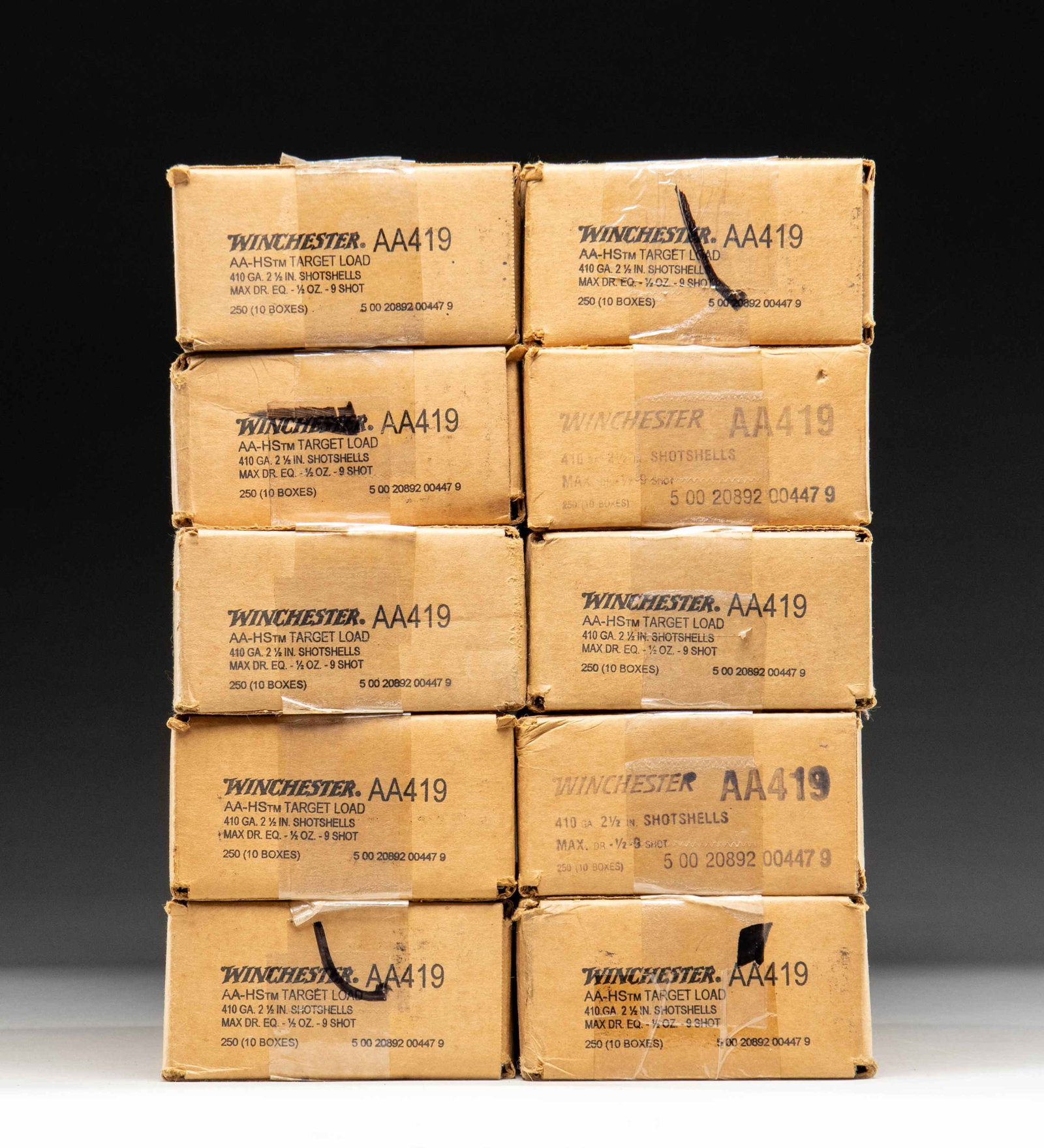 10 CASES (2,500 RDS.) OF WINCHESTER AA 410 GA.: AMMO. 10 sealed cases (2,500 rounds) of Winchester 410 gauge AA-HS Target Loads having stock number "AA419". Case length of 2 1/2", Max Dram equivalence plus 1/2 oz. of #9 shot. PROVENANCE: Estate of