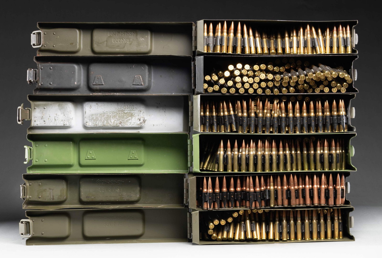 7.62 NATO LINKED AMMO.: This lot consists of about 1200 rds. of mixed 7.62 NATO FMJ surplus on MG3/MG42 belts. The ammo is a mix of Portuguese, South African, Australian, Venezuelan, Austrian & possibly Chinese. Ammo is a mi