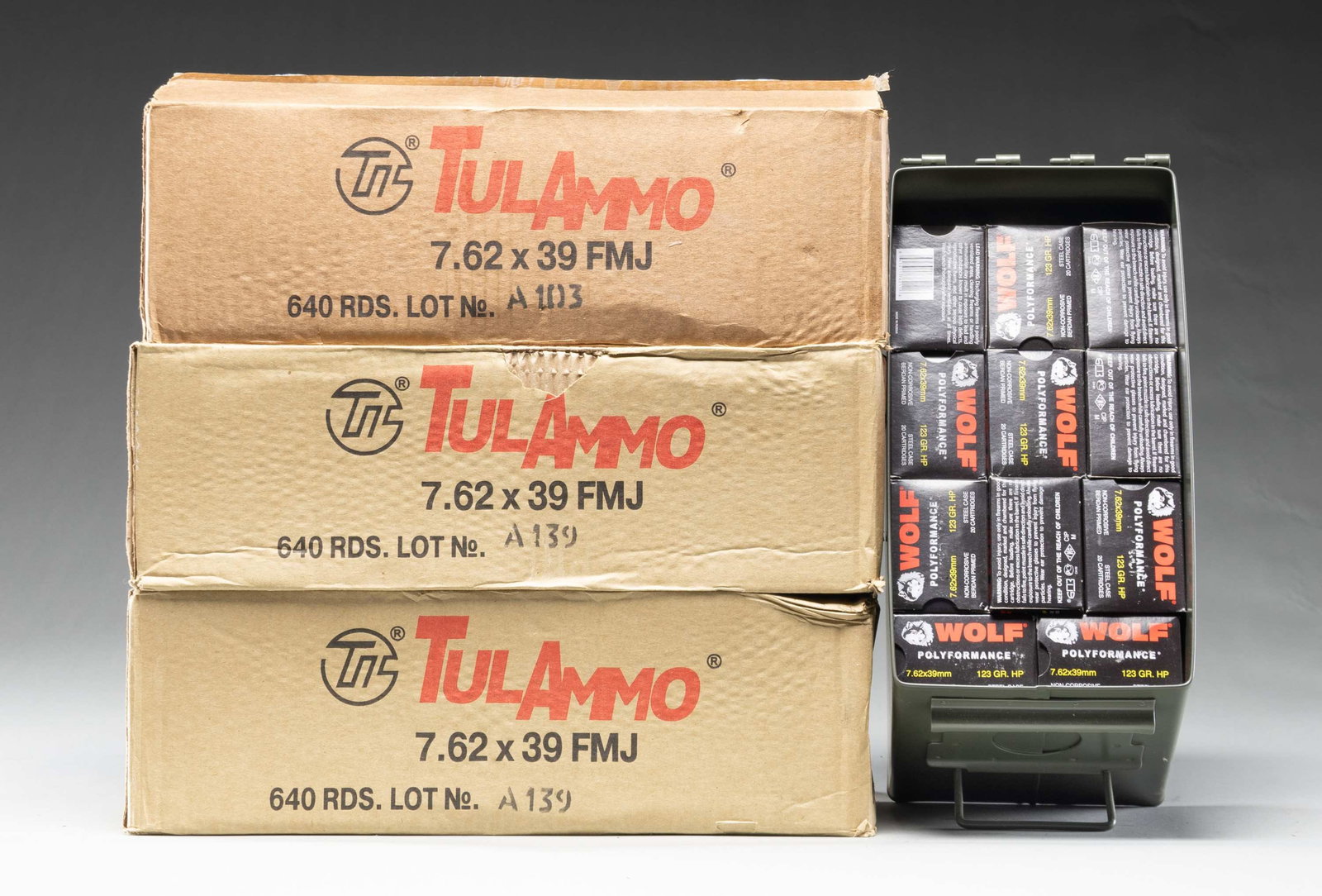 ABOUT 2580 RDS. OF 7.62X39 AMMO.: This lot consists of the following 7.62x39 Ammo: 1) 1920 rds. of Tula 7.62x39 FMJ in 3 640 rd. shipping boxes. 2) About 660 rds. of Wolf 123 gr. 7.62x39 HP ammo in 20 rd. boxes further housed in an un