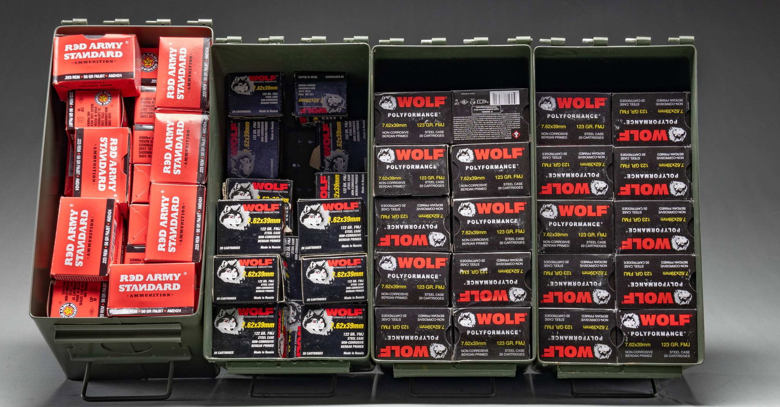 MIXED LOT OF 7.62X39 & 223 REM AMMO.: This lot consists of the following steel cased ammo: 1) 800 rds. of 223 Rem Red Army standard 56 gr. FMJBT ammo. 2) About 1600 rds. of Wolf 7.62x39 ammo that appears to be mostly 123 gr. FMJ. Ammo is