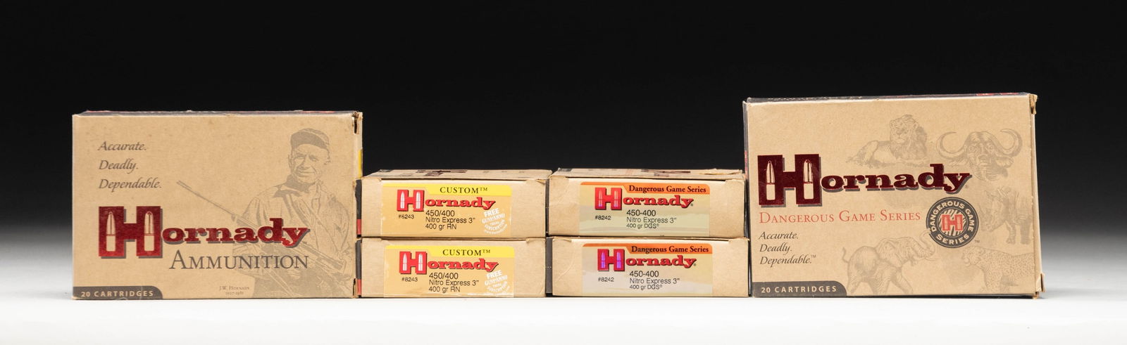 120 RDS. OF HORNADY 400-400 NITRO EXPRESS AMMO.: This lot consists of the following 450-400 Nitro Express 3" ammo: 40 rds. (Two boxes) of Hornady 400 gr. round nose & 80 rds. (Four boxes) of Hornady 400 gr. Dangerous Game ammo. CONDITION: boxes show