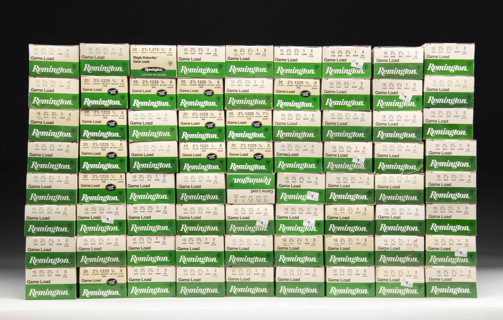 72 BOXES (1,800 RDS.) OF REMINGTON 16 GA. GAME: LOAD AMMO. Equal to just over 7 cases, but individual boxes of 25 rounds each. Stock number is "GL16-8" indicating Game Loads of 2 3/4" length, 2 1/2 Dram equivalence and 1 oz. of #8 shot. PROVENANCE: