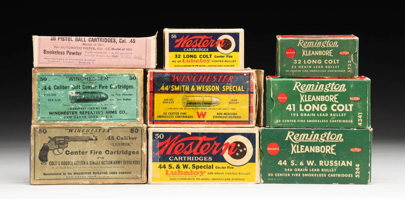 9 BOXES OF COLLECTABLE HANDGUN AMMO.: All in 50 round boxes unless noted. Partials and conditions are listed separately. 1). Winchester 44 Special with 246 grain lead bullets. Good box with some tape repair having good useable ammo. 2). W