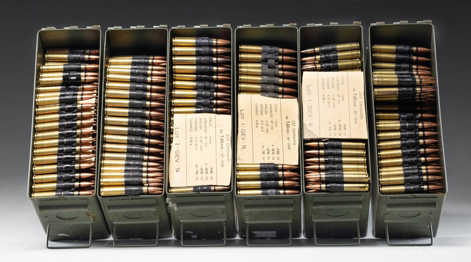 LOT OF ABOUT 1350 RDS. OF FRENCH SURPLUS 30-06: AMMO. Ammo is Gevelot headstamped with 1950's dates & on what appears to be metal 1919 links. Ammo is no doubt corrosive & further housed in 6 USGI 30 Cal. ammo cans. CONDITION: ammo appears generally