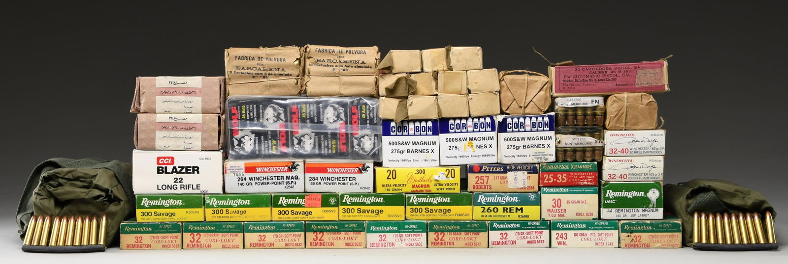 LOT OF ASSORTED PISTOL & RIFLE CALIBER AMMUNITION.: Lot of assorted pistol and rifle caliber ammunition, including:1) 12 20-rd. boxes (approx. 240-rds.) of Frankford Arsenal .45 ACP ammunition.2) 5 50-rd. boxes (250-rds.) in sealed plastic packaging of