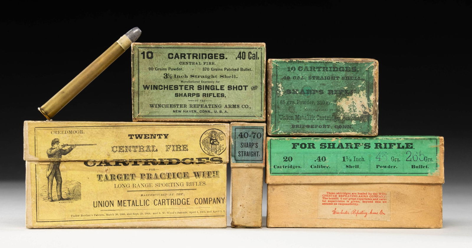 ANTIQUE BOXES OF SHARPS AMMO. (1 of 2)
