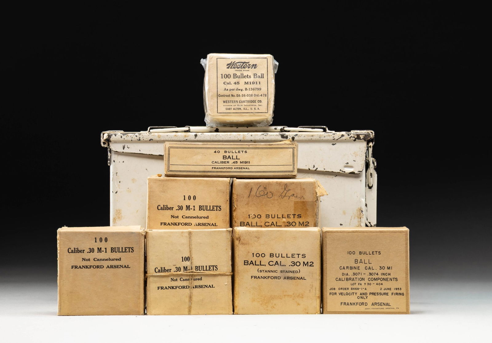 LOT OF ASSORTED U.S. MILITARY CALIBER BULLETS.: Lot of assorted U.S. military caliber bullets (projectiles), including: 1) x1 100-count box of .30 Carbine ball bullets, with label indicating mfg. by Rock Island Arsenal on June 2nd of 1953. 2) x3 10