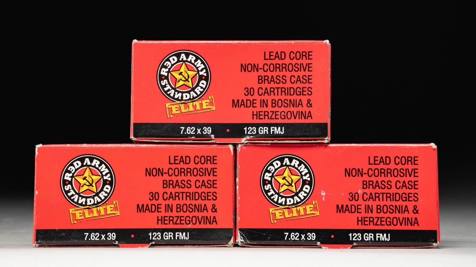 ABOUT 90 RDS. OF BRASS CASED 7.62X39 AMMO.: This lot consists of three 30 rd. boxes of Red Army Standard 7.62x39 123 gr. FMJ brass cased ammo. CONDITION: boxes have been opened & show some storage wear. Ammo appears very good or better. (02-261