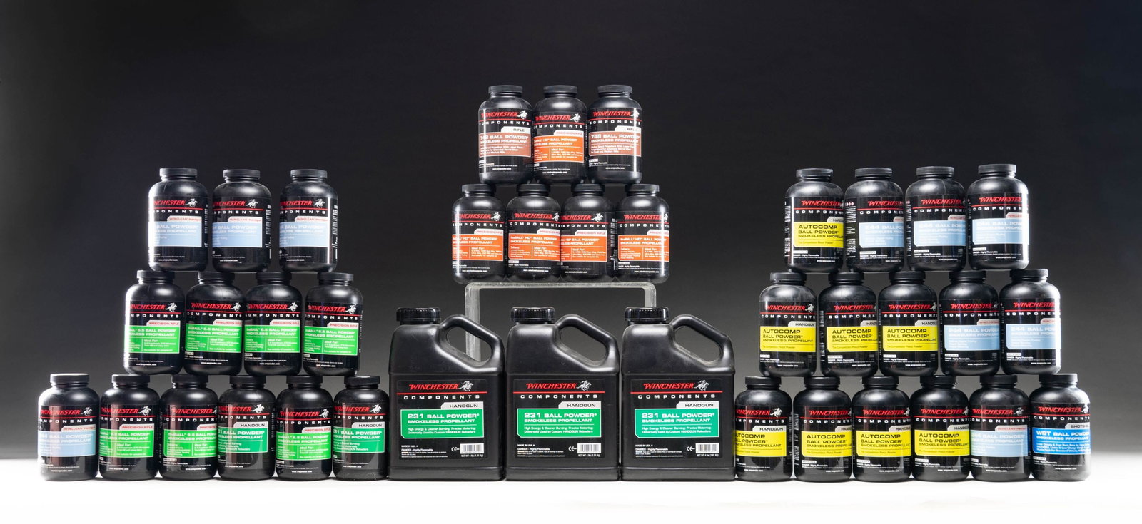 WINCHESTER SMOKELESS BALL POWDER.: This lot includes:35 - 1 lb Containers:10 of 244 Winclean for Handguns1 of 231 for Handguns.8 of Autocomp for Handguns.1 of WST for Shotshells.5 of StaBall HD for Precision Rifles.8 of StaBall 6.5 for