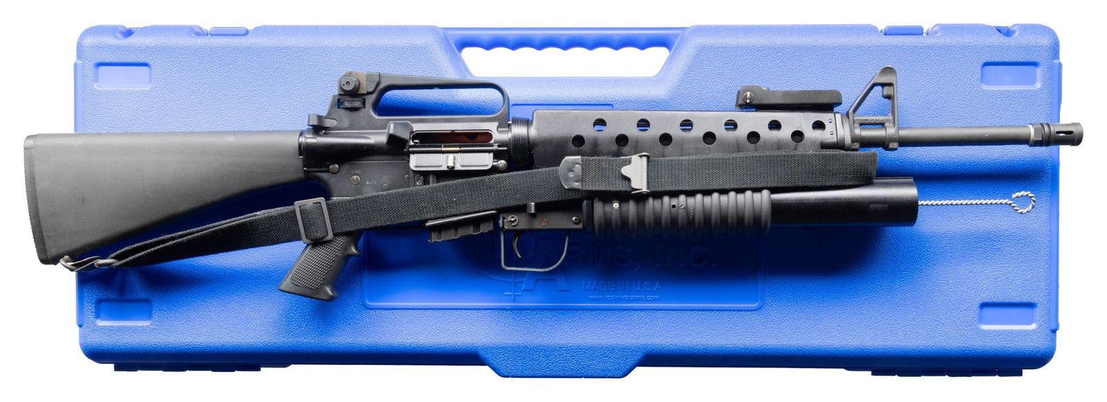 ROCK RIVER ARMS LAR15 RIFLE WITH 37MM LAUNCHER.: Cal.223 Wylde. S# CM229821. Bbl. 20". 1:9 heavy profile barrel, "CM" marked behind muzzle, terminated w/ Rock River Arms "Military Style" muzzle brake. Protected post front sight / gas block w/o bayon