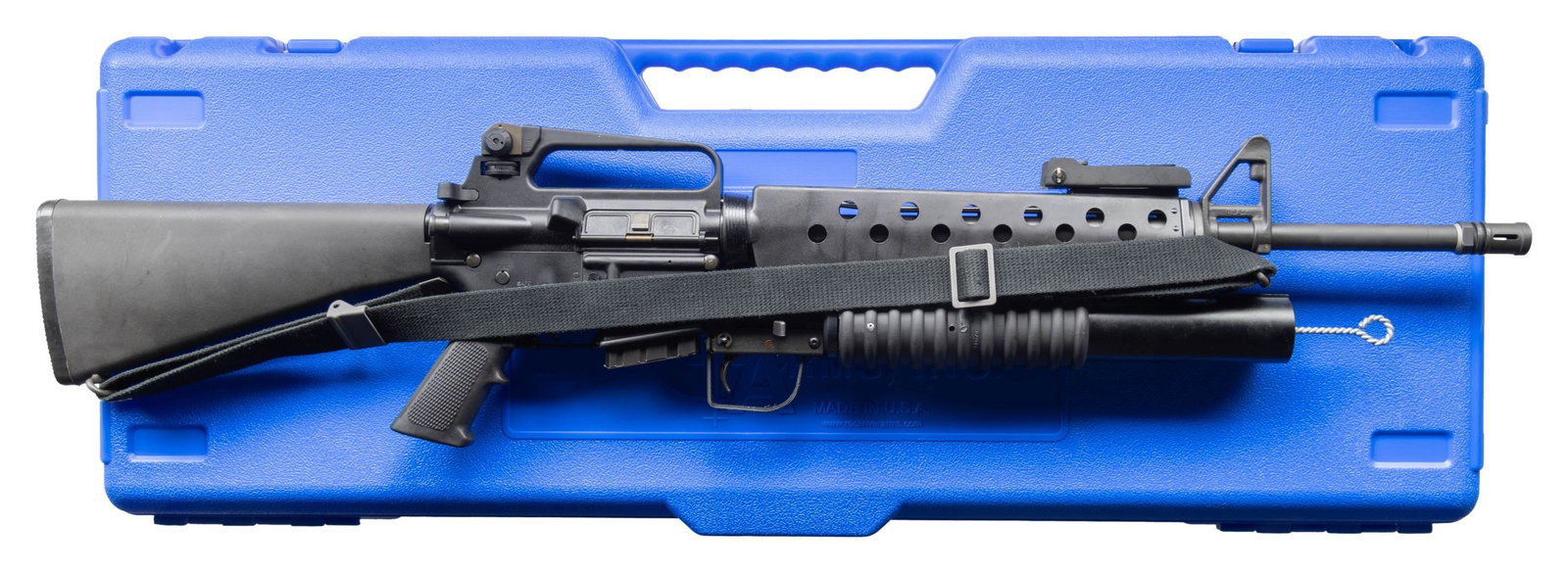 ROCK RIVER ARMS LAR15 RIFLE WITH 37MM LAUNCHER.: Cal.223 Wylde. S# CM230006. Bbl. 20". 1:9 heavy profile barrel, "CM" marked behind muzzle, terminated w/ Rock River Arms "Military Style" muzzle brake. Protected post front sight / gas block w/o bayon