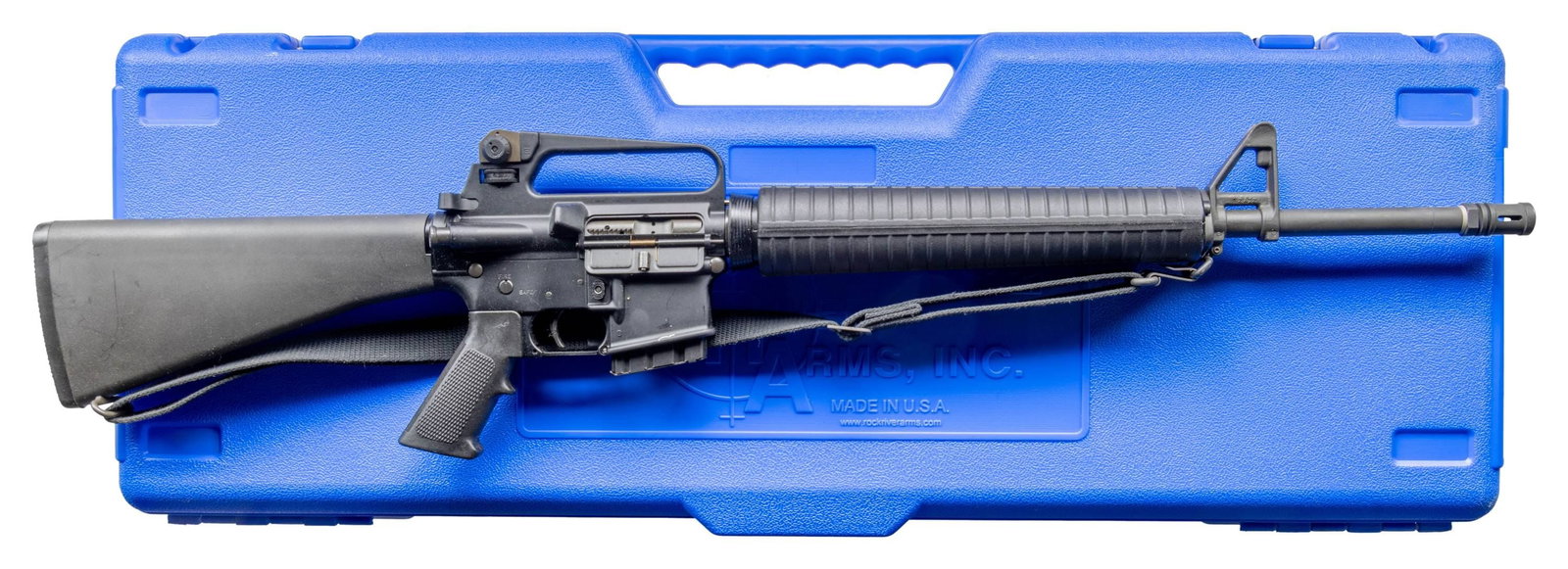 ROCK RIVER ARMS LAR-15 WITH HARD CASE.: Cal.223 Wylde. S# CM230007. Bbl. 20". 1:9 heavy profile barrel, "CM" marked behind muzzle, terminated w/ Rock River Arms "Military Style" muzzle brake. Protected post front sight / gas block w/o bayon