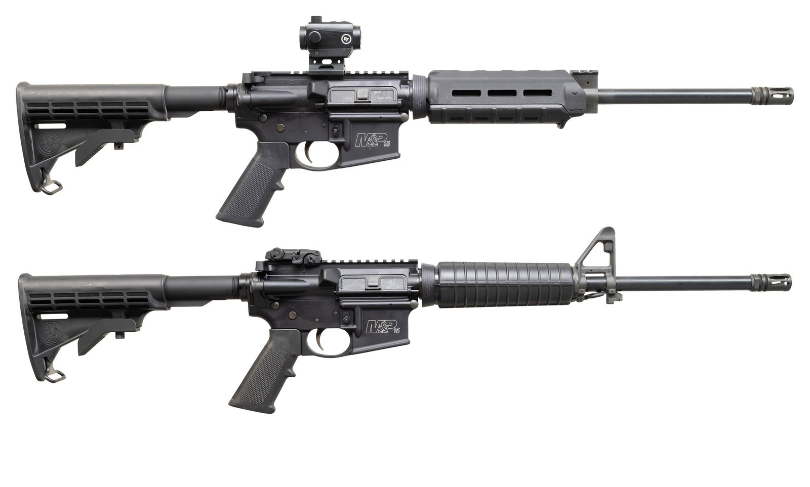 GROUPING OF 2 SMITH & WESSON M&P-15 CARBINES.: 1) Cal. 5.56 NATO. S# TN85691. Bbl. 16". Heavy profile, 1:9 barrel, threaded muzzle w/ A2 style flash hider. Low profile gas block w/ 1" picatinny rail segment. Black plastic MagPul MOE handguards, re