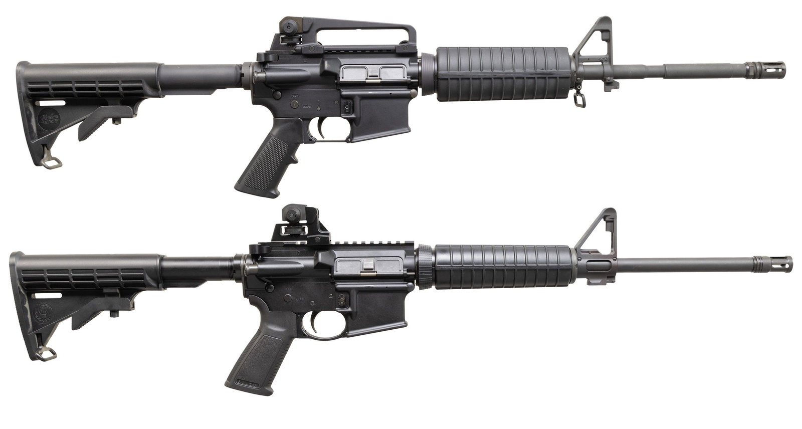 GROUPING OF 2 AR-15 STYLE CARBINES.: 1) Cal. 5.56 NATO. S# WW249987. Bbl. 16". Windham Weaponry WW-15. Windham, Maine gun. 1:9, M4 profile barrel terminated w/ threaded muzzle & A2 style flash hider. Protected post front sight / gas bloc