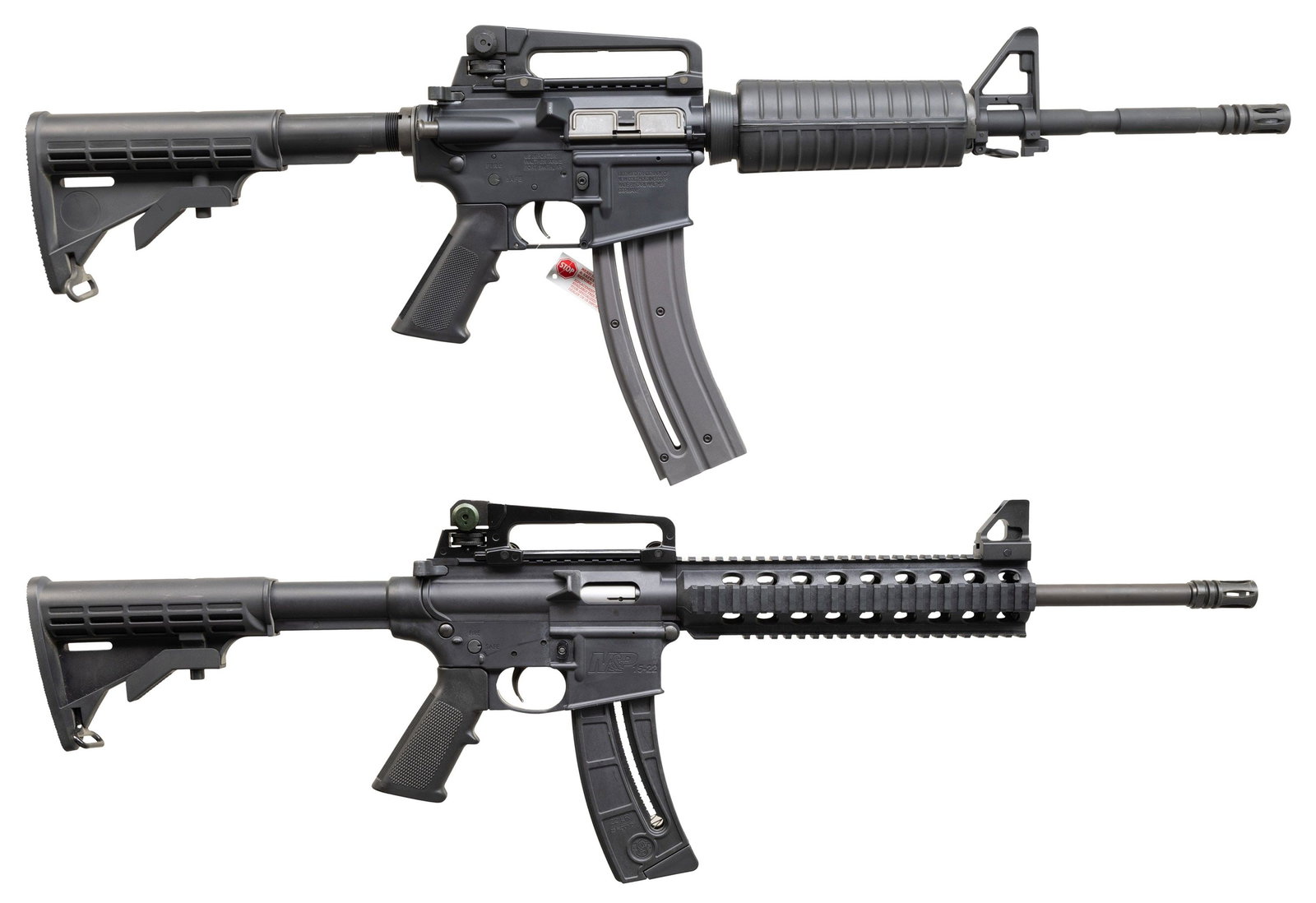 PAIR OF 2 RIMFIRE AR-15 STYLE RIFLES.: Cal.22LR. S# WJ009139. Bbl. 16". Colt Model M4 Carbine, as imported through Walther. M4 profile barrel w/ threaded muzzle, terminated w/ A1 style flash hider. Protected post front sight w/ bayonet lug
