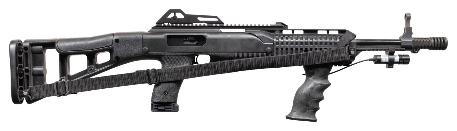 HI-POINT 4595 LASER TS SEMI AUTO CARBINE.: Cal. 45 ACP. S# R11880. Bbl. 16.5" w/ Hi-Point compensator. Hooded blade front & ghost ring rear sight. Blued finish. Black synthetic stock set w/ black rubber foregrip & laser. MAGS: 1-10 rd.