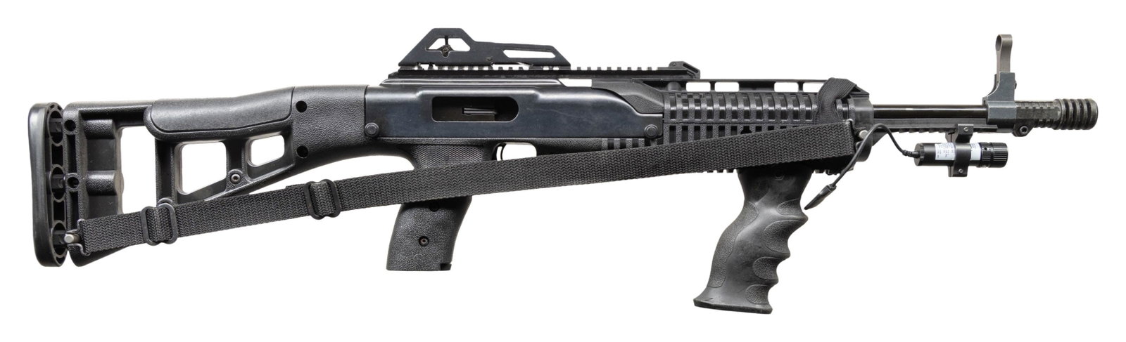 HI-POINT 995 LASER TS SEMI AUTO CARBINE.: Cal. 9x19. S# E27819. Bbl. 16.5" w/ Hi-Point compensator. Hooded blade front & adj. rear sight. Blued finish. Black synthetic stock set w/ black rubber foregrip & laser. MAGS: 1-10 rd. UNATTACHED ACCE