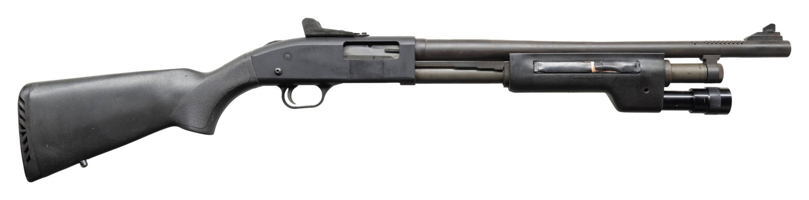 MOSSBERG 500A PUMP ACTION SHOTGUN.: Cal. 12 Ga. 3". S# K693083.Bbl. 18 1/2" ported. Ghost ring sights. Six rd. Adventurer's Outpost Side Saddle on left side of receiver. Parkerized finish. Black pistol grip stock with unmarked recoil pa