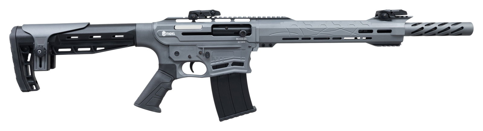 CITADEL BOSS-25 SEMI AUTO TACTICAL SHOTGUN.: Cal. 12 Ga., 3". S# 20-13015. Mfg. 2020 in Turkey by Francolin Arms & imported by Legacy Sports of Reno, NV. This shotgun has an AR-15 profile & controls. Bbl. 18.75" w/ threaded ported barrel sleeve 