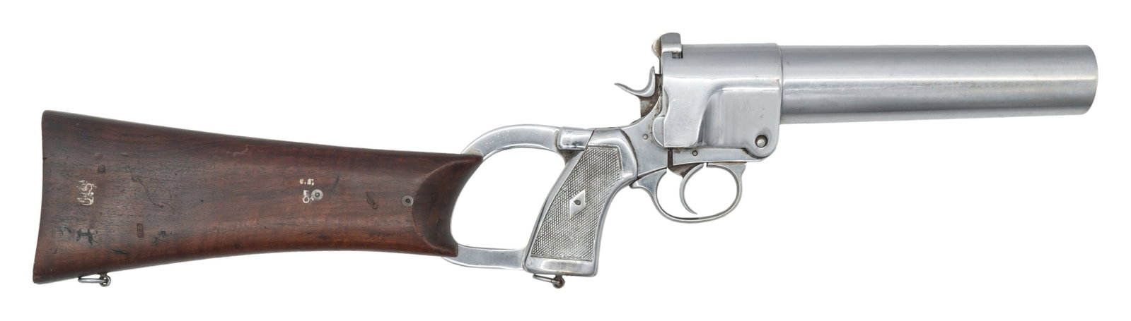 BRITISH NO 1 MARK 1 FLARE GUN.: Cal. 37mm. S# 32799. Bbl. 8". British Webley-style flare gun with butt stock. Chrome finish. Matching visible numbers. Checkered metal grips. Lanyard ring present on bottom of grip frame. Hardwood sto