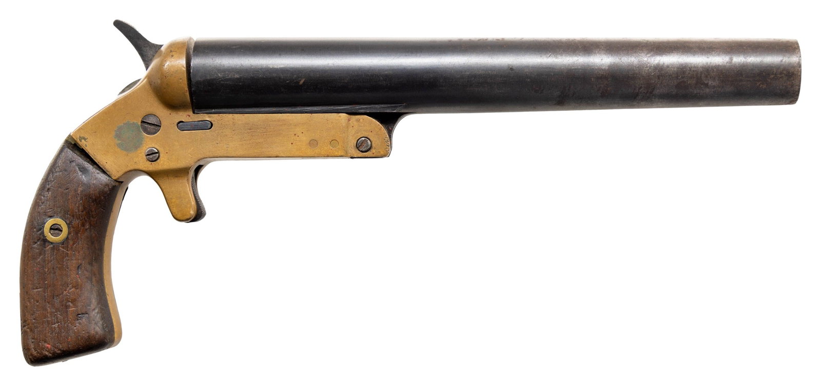 REMINGTON MARK III SIGNAL PISTOL.: Cal. 10ga. S# 8512. Bbl. 9". Blued bbl. Brass frame. 2 piece walnut grips. CONDITION: overall fair. 40% thinned blue with some dings and handling marks. Brass and grips have some scattered handling ma
